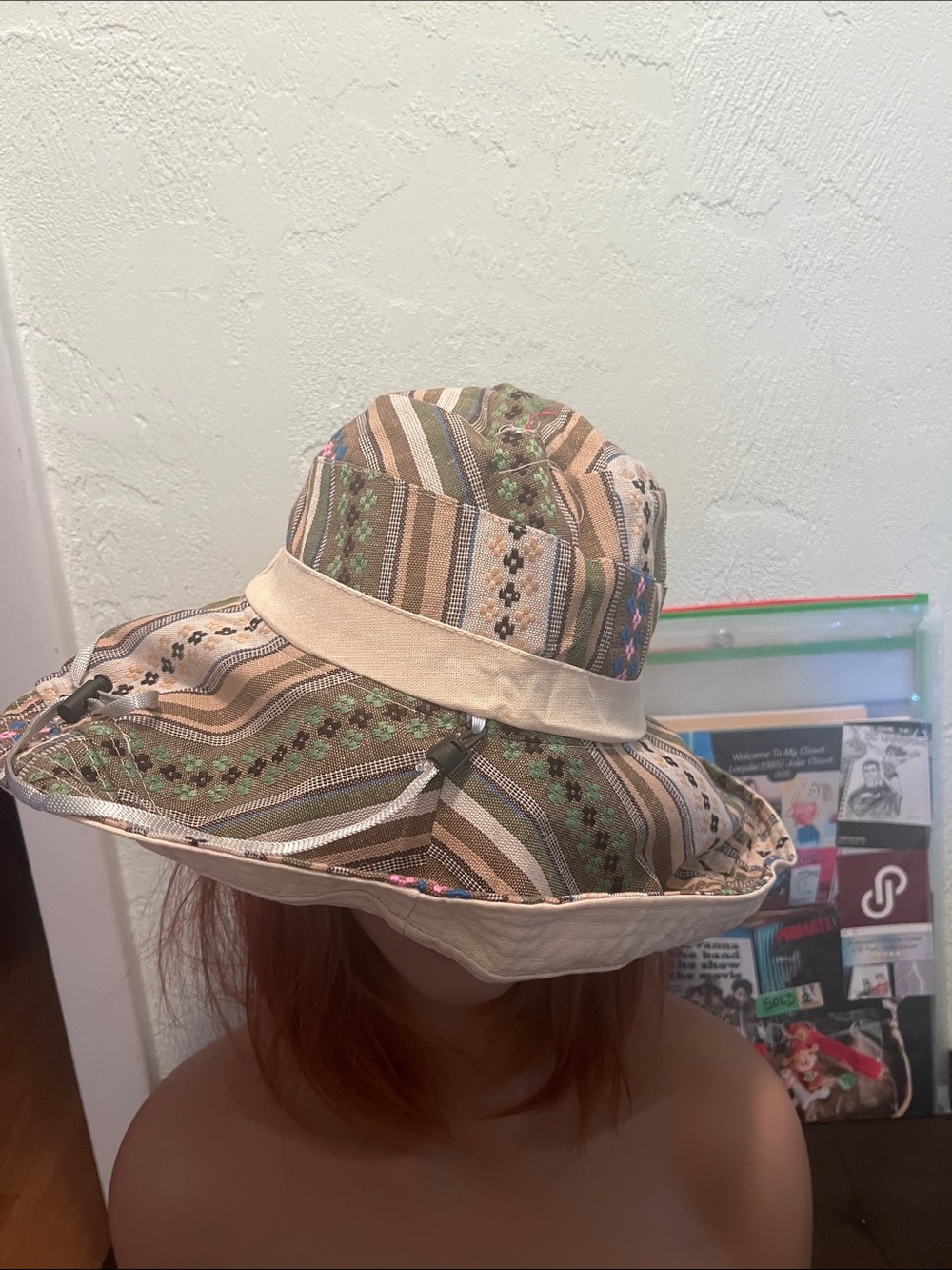 #2349*”6x17” Beige Neutral & Pattern Reversible Sun Hat with Chin Strap - Picture 6 of 17